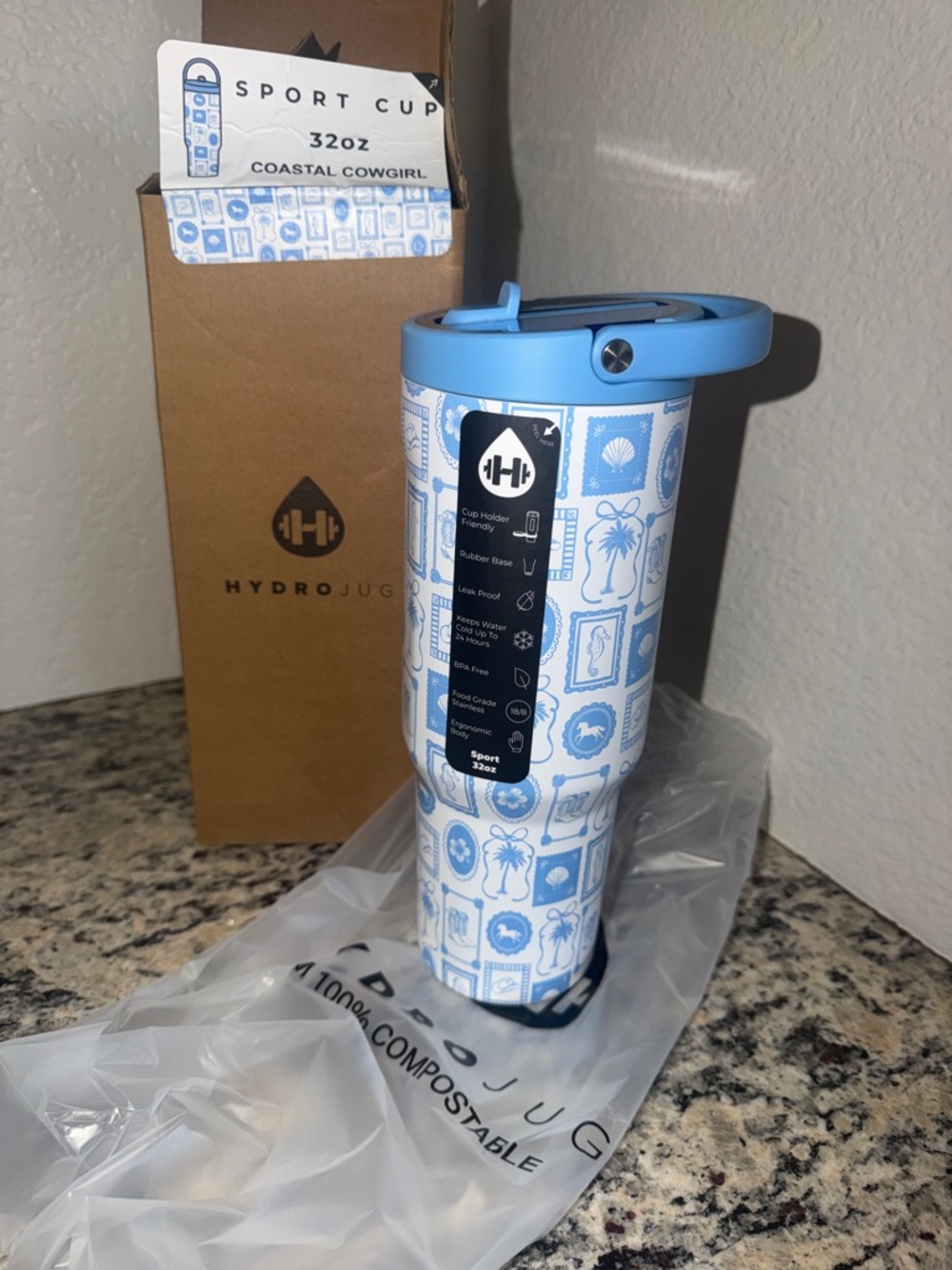 HydroJug Coastal Cowgirl 32oz Sport - Light Blue & White